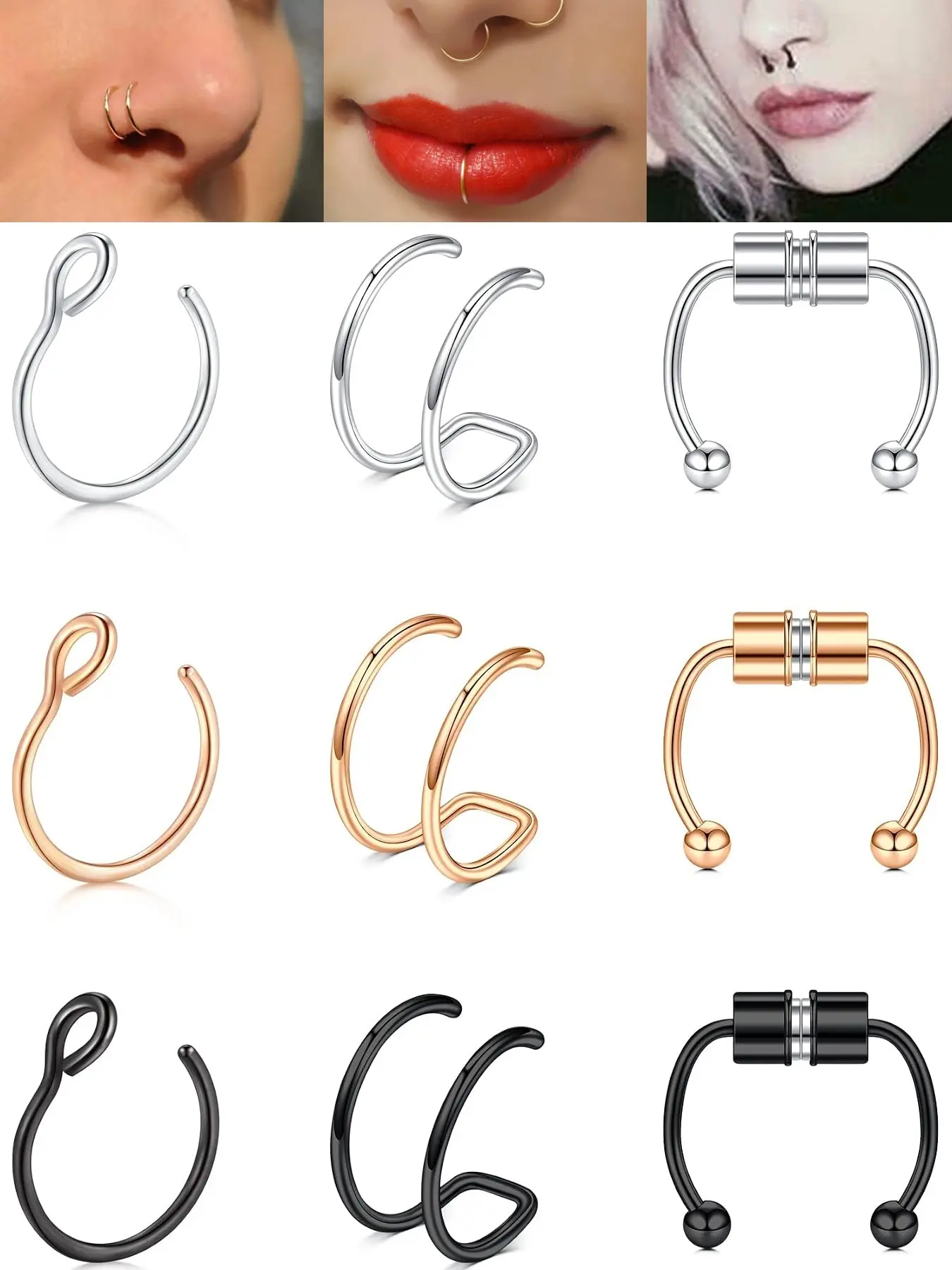 9-Piece Fake Nose Ring Set, Includes Snake Bite Design, Unisex, Perfect for Halloween Parties and Punk Style, Elegant Stainless Steel Chain