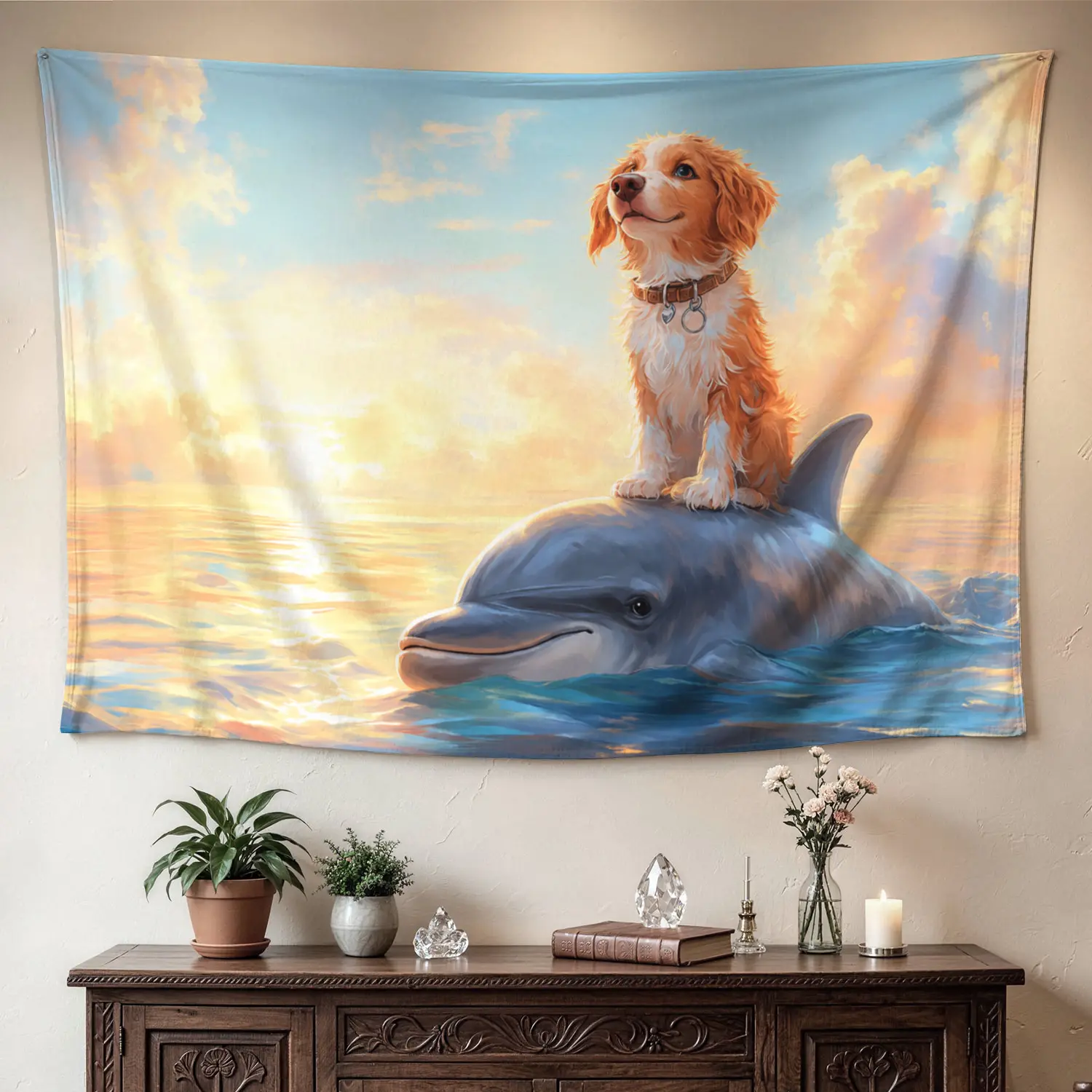 Large Horizontal Synthetic Polyester Puppy Dolphin Ocean Sunset Wall Tapestry - Multi-Size, Colorfast, High-Def Print, No Installation Required Home Decor, Living Room Gift for Loved Ones, Wall Decor, Indoor-Outdoor