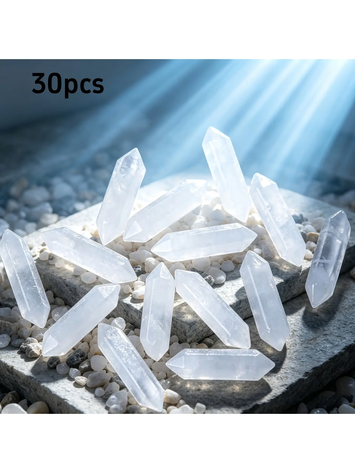 30pcs Natural Stone Crystal Hexagon Wands Smooth Double-Sided Clear Quartz Crystals Natural Crystal Stones Home Office Car Decor Perfect Gift for Christmas Halloween Easter