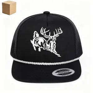 Vintage Running Buck White Tail Deer Embroidery Rope Trucker Hat, High Crown Adjustable Flat Mesh Snapback Cap, Hunting Western Outdoor Sunscreen Hat for Deer Hunters & Country Ranch Lovers