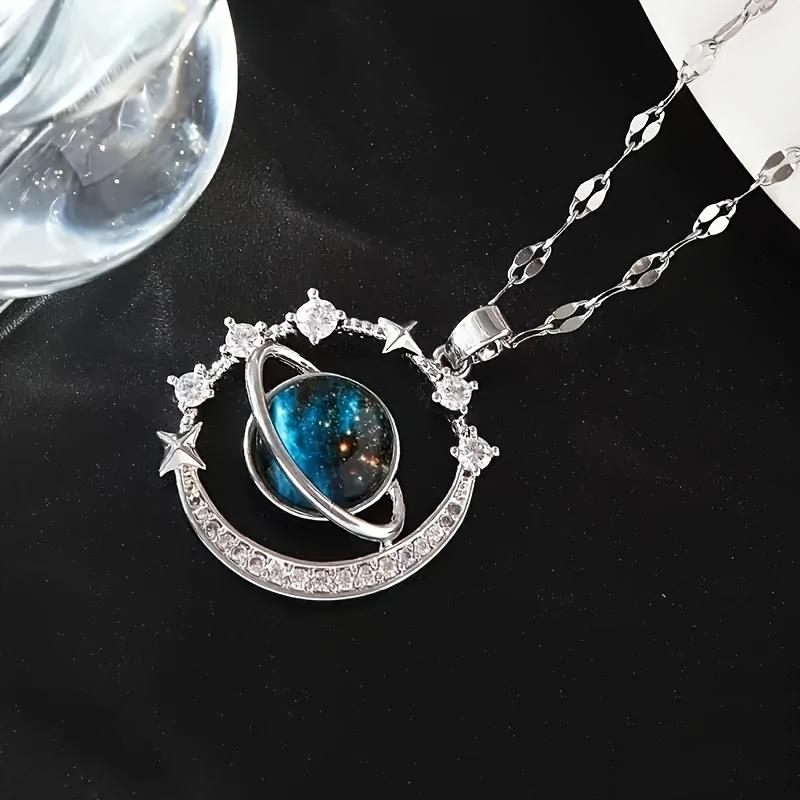 Elegant Blue Planet Pendant Necklace - Luxurious Starry Sky Design, Sparkling Accents, Suitable for New Year and Valentine's Day Gifts, Couple's Necklace, Teen Necklace