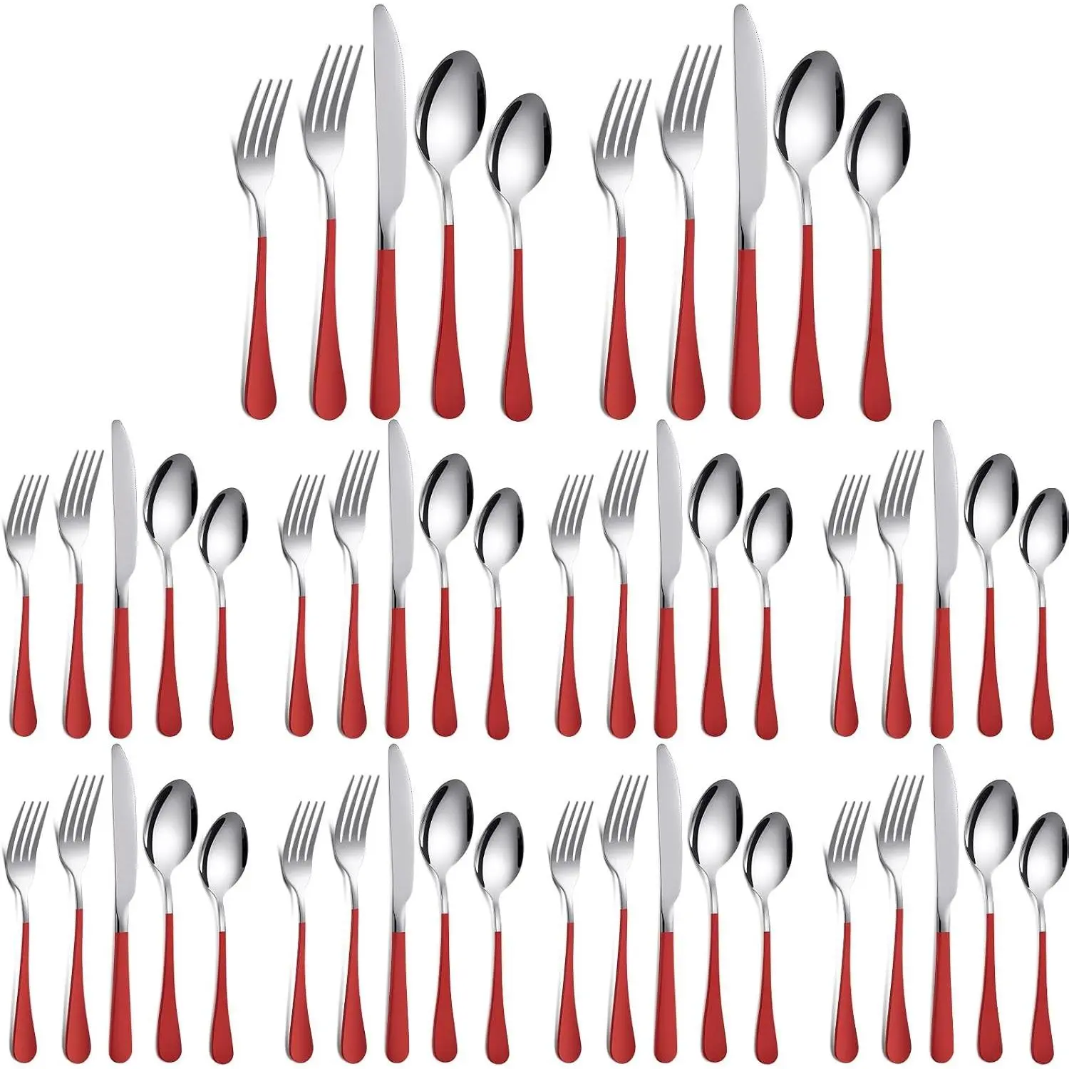 50 Pcs Red Silverware Set Stainless Steel Flatware with Red Handle, Cutlery Set Service for 10, Tableware for Home & Restaurant Includes Dinner Knives Fork Spoon Salad Fork Teaspoon