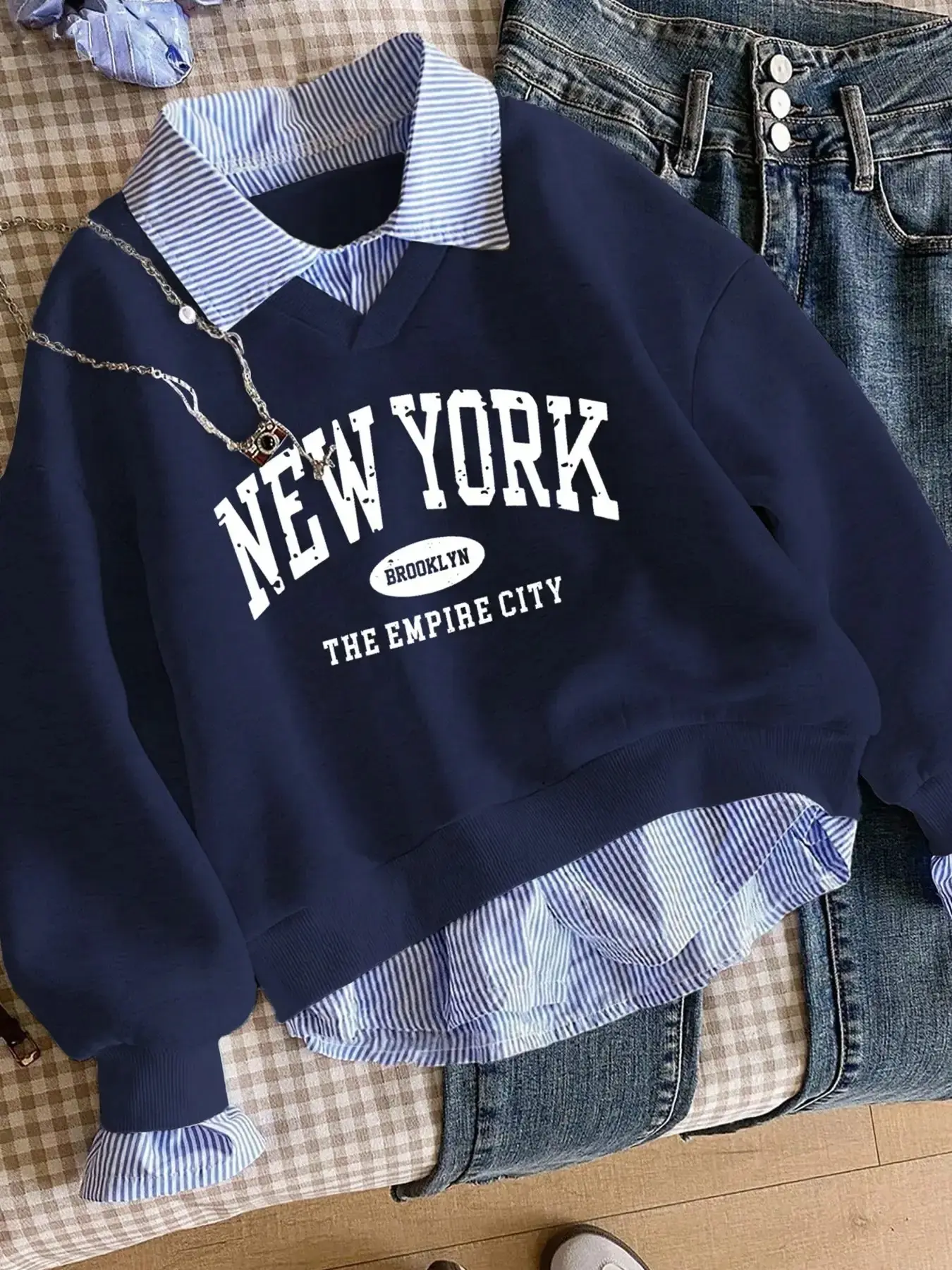 American Vintage Fake Two-Piece Patchwork Sweatshirt Women, Striped Shirt Collar Letter Print Loose Fit Top, Casual Commuter Student Jacket