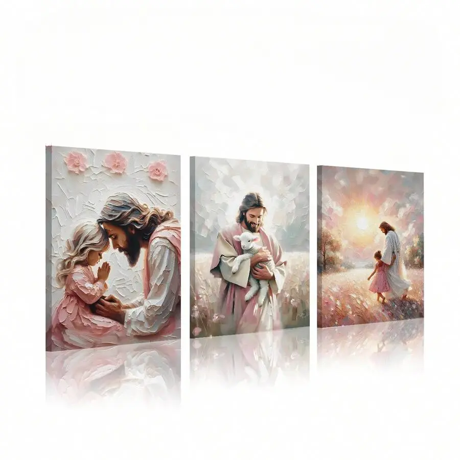 3pcs Jesus And Little Prayer Wall Art, Pink Jesus And Wall Decor Jesus Art Print, Jesus And Little Girl Walking Artwork Poster Wall, Jesus Canvas Painting Children's Room, Home Decor, Religion, Wall Arts, Posters, -Canvas Material (Optional Frame)