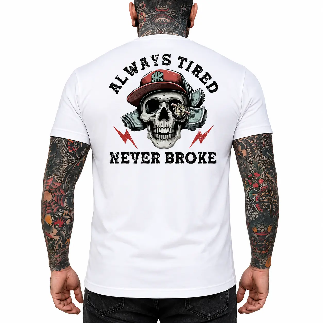 Always Tired Never Broke Print Men's T-shirt, Top Menswear, Cotton Tee Shirt Casual Streetwear