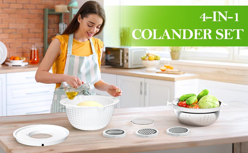 4-1 Colander with Bowl Set - Rotatable Colander for Kitchen(Patented) - Strainers and Colanders - Pasta Strainer with New Upgraded Graters for Fruit Veggie Fun Kitchen Presents - White