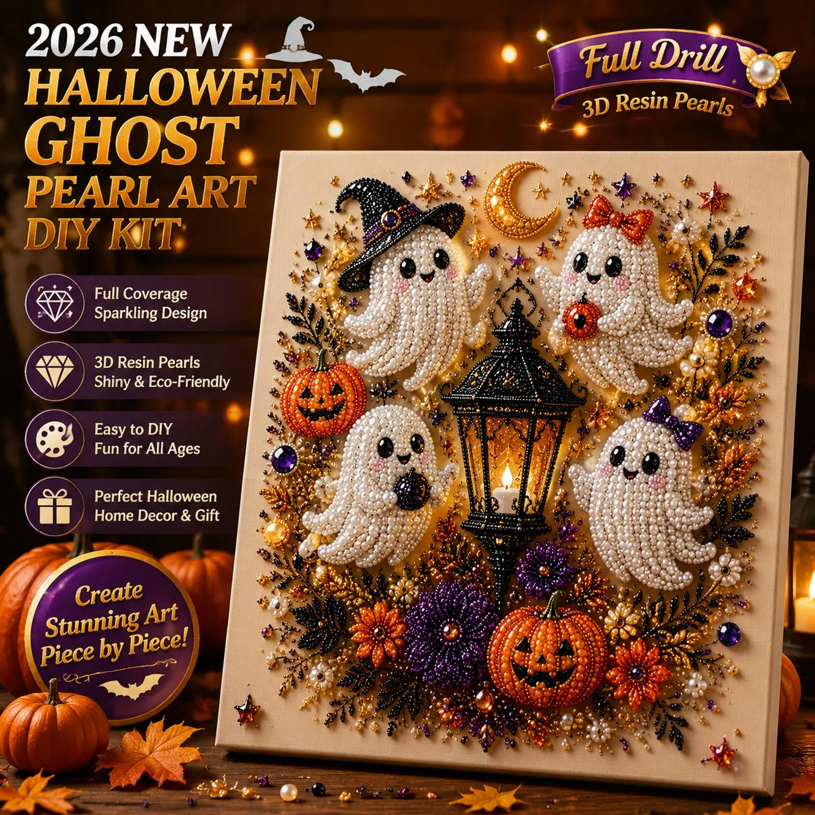 Halloween Ghost Pearl Art DIY Kit, Spooky Cute 3D Diamond Painting Crafts for Adults & Beginners, Crystal Pearl Ghost Diamond Art, Fall Halloween Wall Decor DIY Party Gift