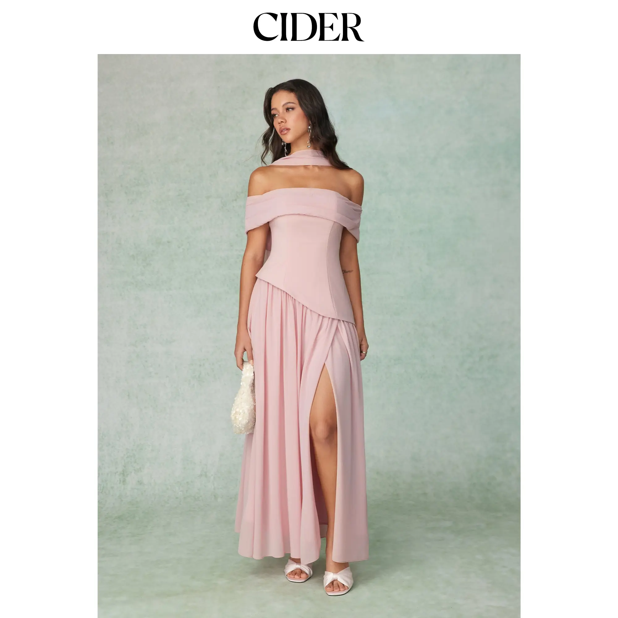 Cider Chiffon Off-shoulder Scarf Neck Lace Up Draped Split Maxi Straight Dress