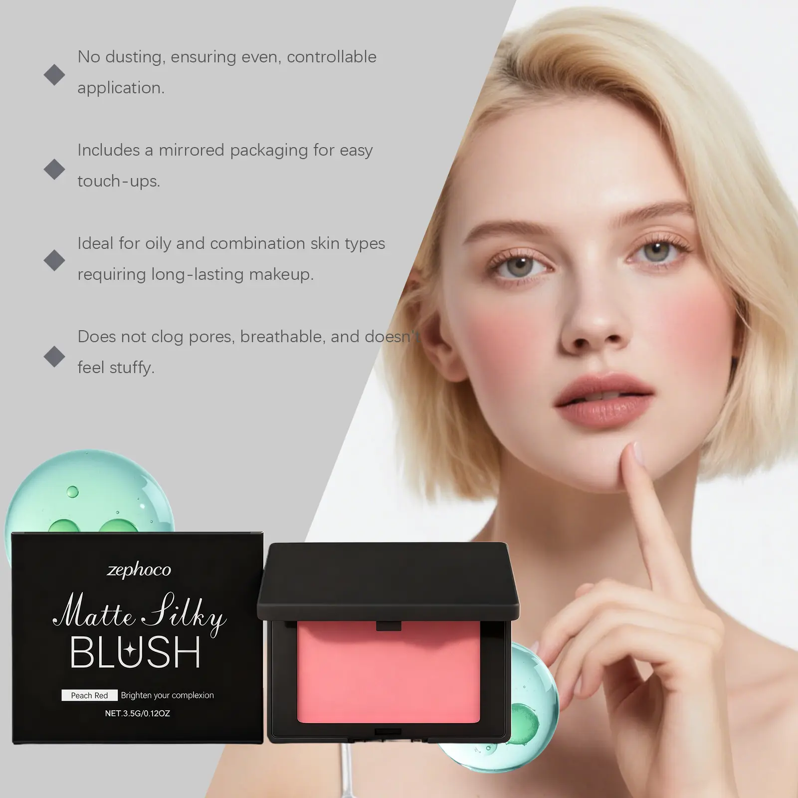 Orange-Red Matte Blush: Perfect for everyday use, portable, long-lasting, with a sheer, natural, and delicate finish that blends seamlessly into the skin