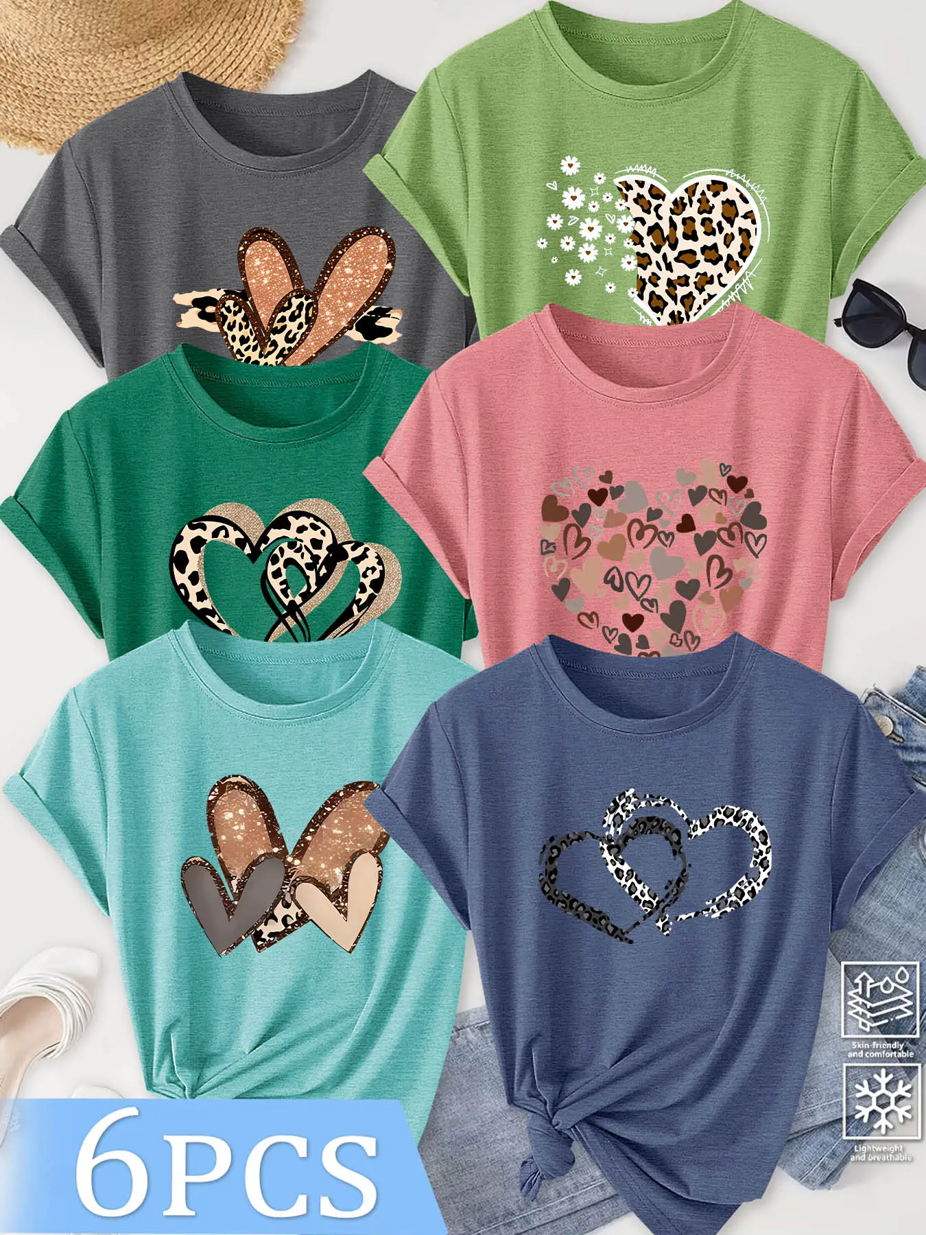 6PCS Women's Crew Neck Tee, Round Neck, Multi-Element Heart Print, multi-color, washable, soft casual summer top