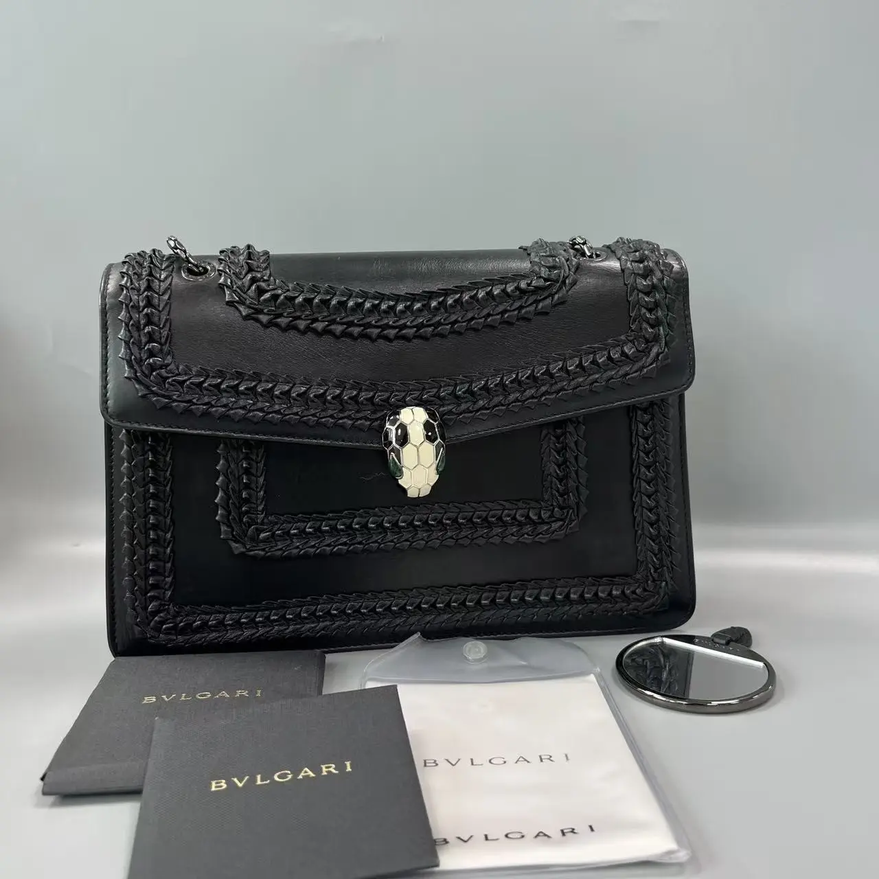 Pre-owned BVLGARI Serpenti Forever Black Braided Leather Chain Shoulder Crossbody Bag X450 26.06.03, Shoulder Bags