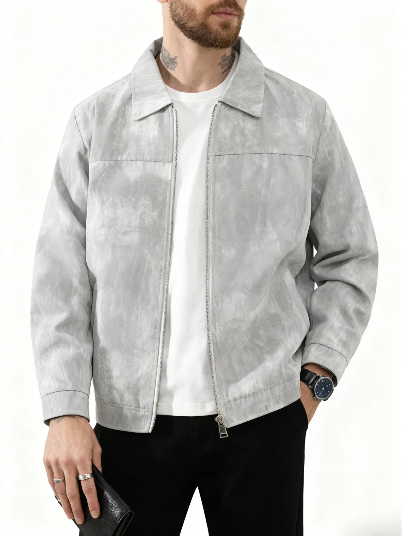 Men's Spring and Autumn Lightweight Casual Jacket with Zipper Closure and Collar Design, Fashionable Tie Dyed Vintage Versatile Coat, 100% Polyester Fiber, Machine Washable, Suitable for Daily Leisure, Work and Travel Wearing