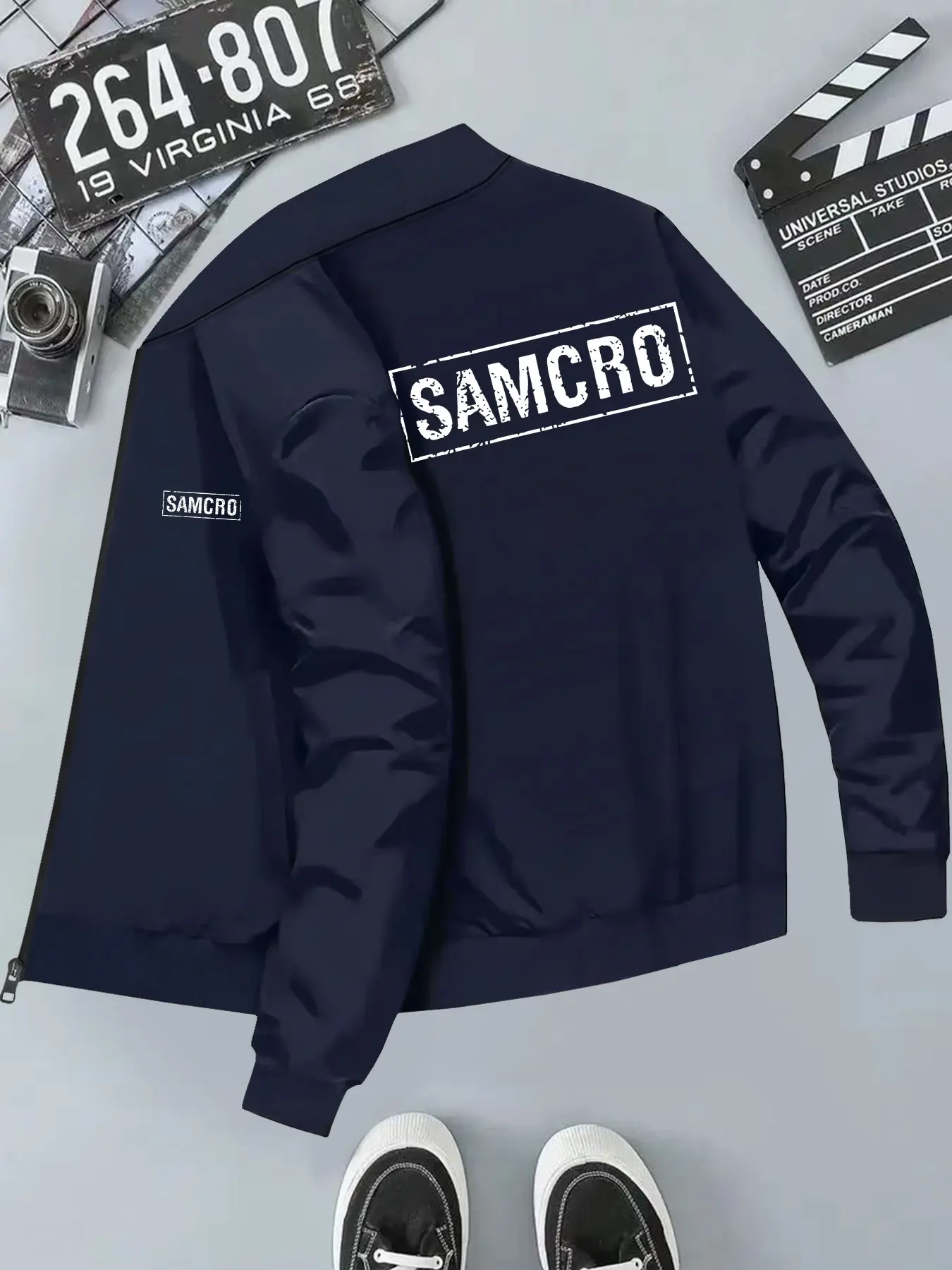 English Samcro Print Men's Hooded Casual Jacket, Long Sleeve Slim-Fit, Geometric Pattern, All Seasons Wear