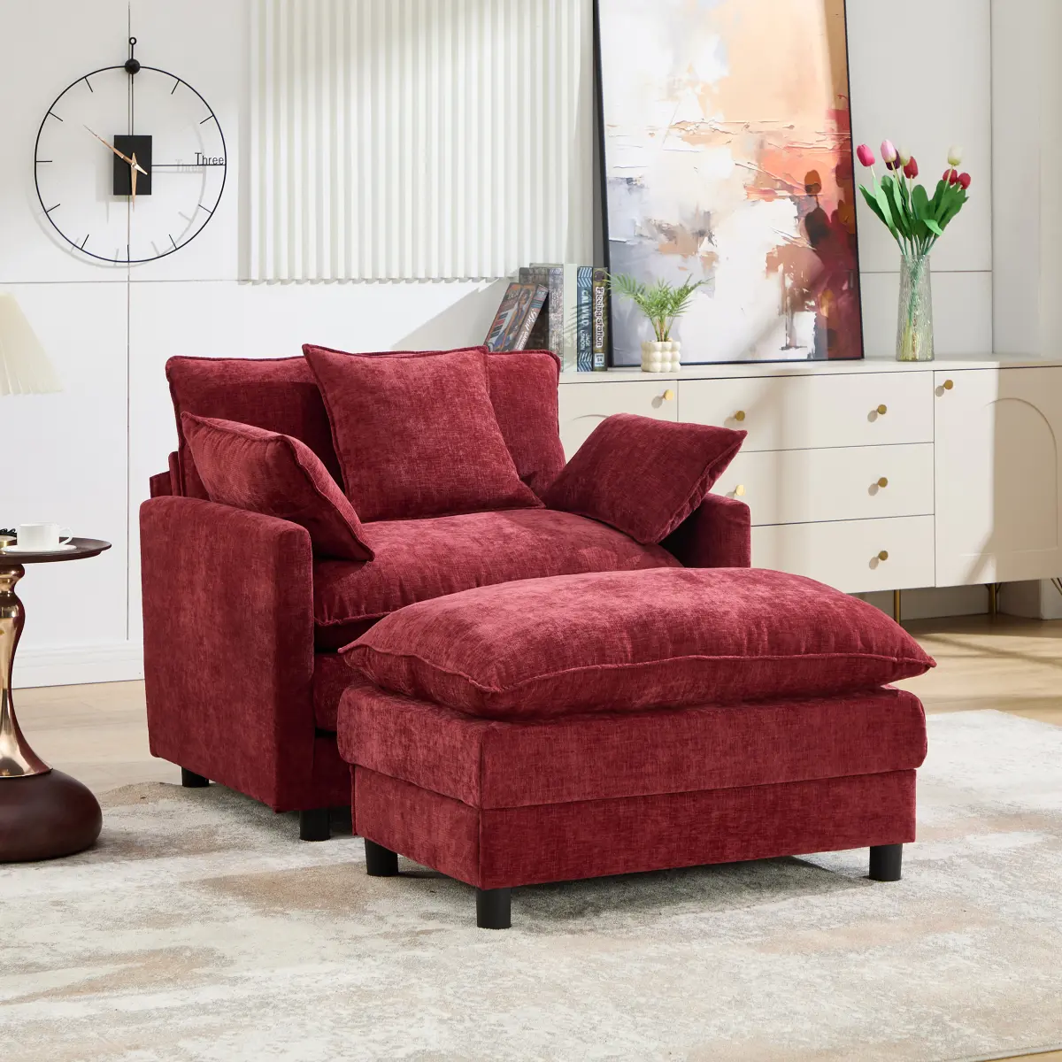 39.4" Modern Accent Chair with Ottoman, Living Room Club Chair Chenille Upholstered Armchair , Reading Chair for Bedroom, Wine Red Chenille