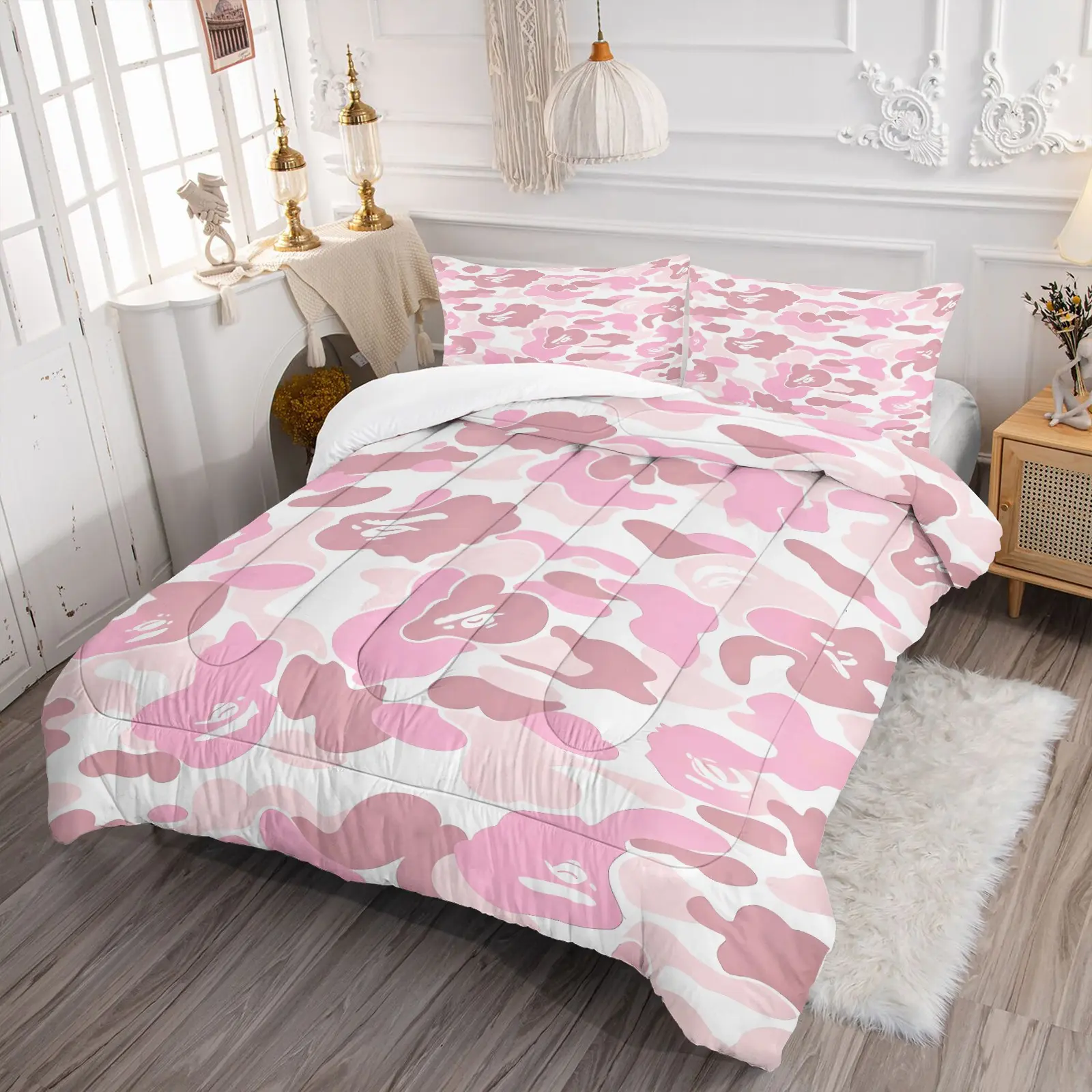 Pink White Camouflage Comforter Set - Durable Material Comfy Bed Sets, 1 Quilt + 1/2 Pillowcases, Camo Printed Streetwear Bedding for Kids Teens, Perfect Urban Bedroom Decor, Soft Bedding Sets, Bed Sets Supplies, Twin/Full/Queen Sizes