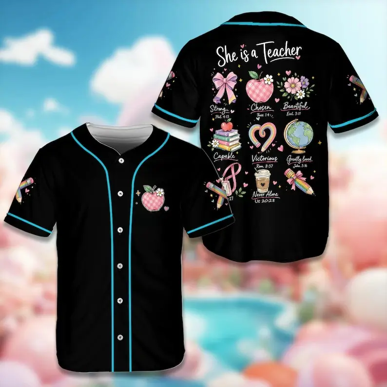 Coquette Bow Apple Teacher Christian Graphic Baseball Jersey, Cute School Educator Short Sleeve Button Uniform Top, Women Faculty Appreciation Casual Gift Jersey # Teacher Baseball Jersey # CoquetteTeacherTop # SchoolStaffGift # EducatorCasualShirt
