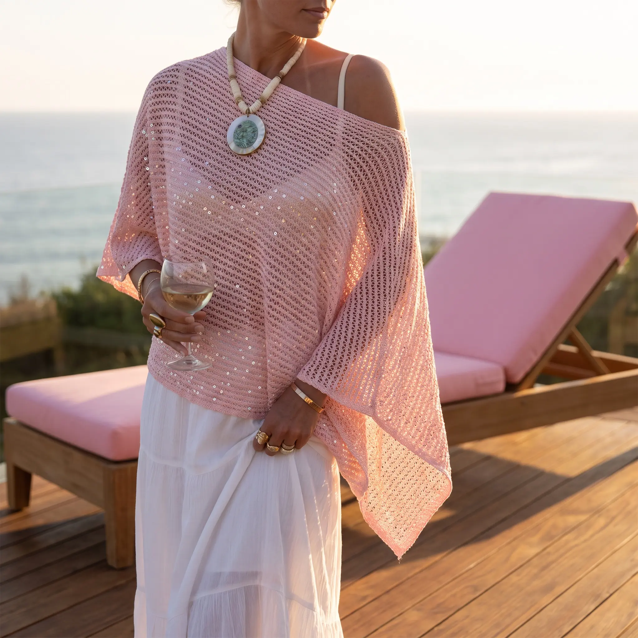 Female 1-Shoulder Plain Knit Lace Top - Loose Fit, 3/4 Sleeve, Sequin, Semi-Transparent, UPF30 Sun Protection Sheer Shawl Cardigan, All Seasons, Spring-Summer Vacation Essential Clothes Accessory, Cashmere-Like