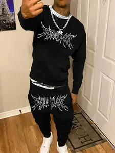 Men 2 Piece Sweat Tracksuit Black Metal Jagged Thorn Letter Graphic Matching Set Soft Thick Fleece Loose Fit Crewneck Pullover & Elastic Drawstring Cuffed Jogger Pants Wrinkle Resistant Streetwear Coord Outfit For Metal Concert Skate Night Club Campus Fal