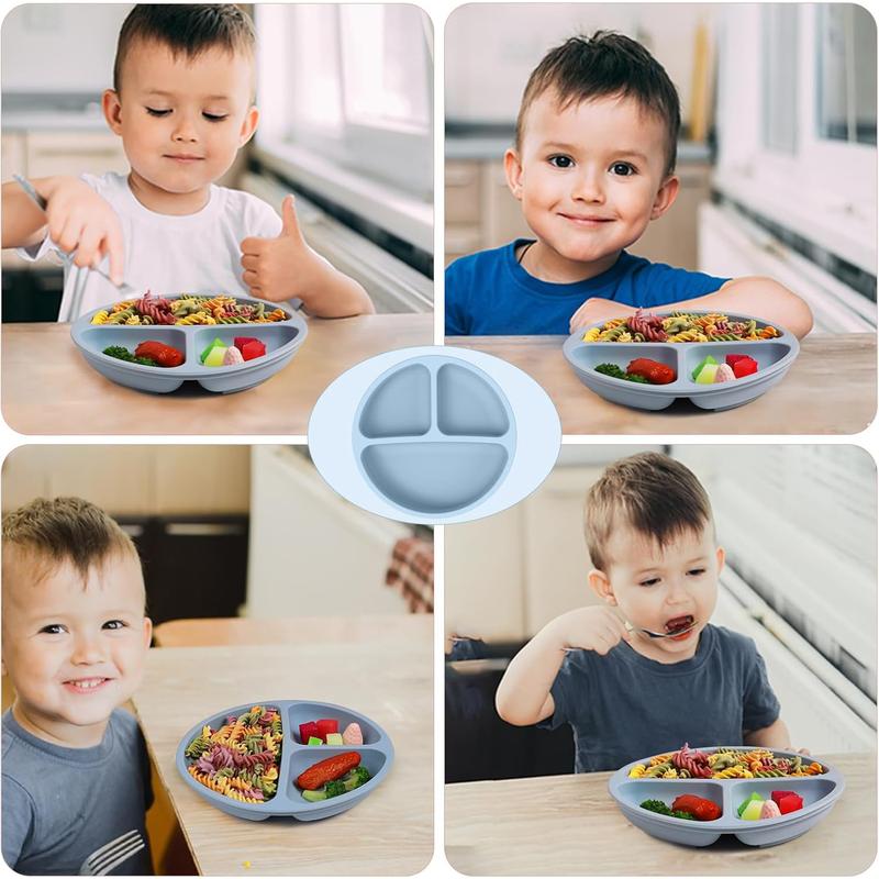 Silicone Baby Feeding Bowl with Suction Cup, 3-grid Design Baby Feeding Plate, Microwave Safe & Non-slip Food Container for Home & Outdoor