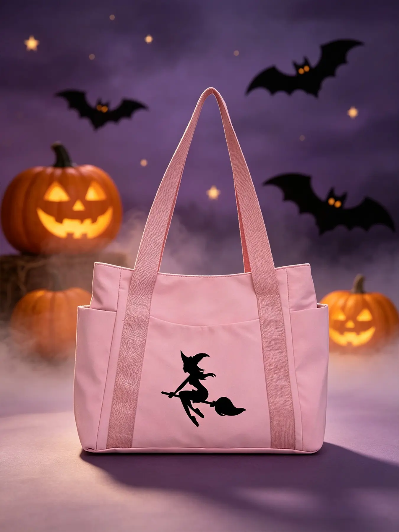 Halloween Witch Broom Print Tote Bag, Large Capacity Multi-Pocket Handbag, Commute School Shopping Party, Halloween Party Gift for Women