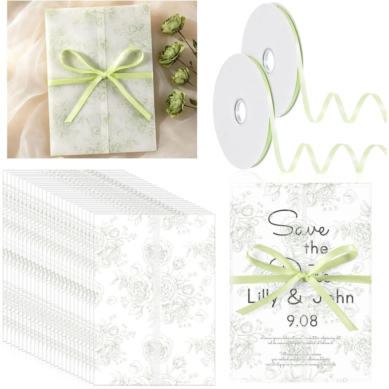 100 count Pre Folded Floral Vellum Jackets for 5x7 Invitations, Wedding Translucent Vellum Paper with Ribbon, Envelope Liners for Wedding Bridal  Shower Birthday Mother Event(Sage Green)