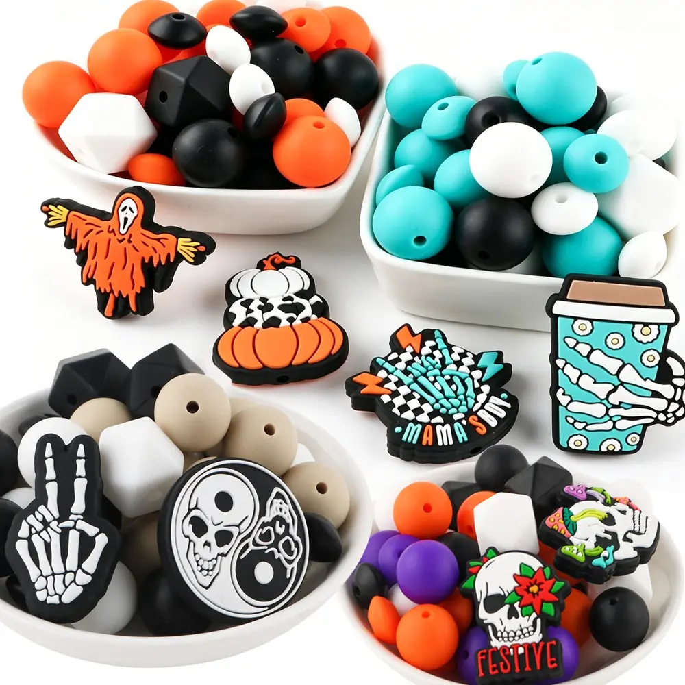 41pcs Halloween Bead Set, Silicone Beads, Pumpkin Beads, Round & Flat Beads, Beads For Crafts, DIY Crafts, Pen Charms, Keychain Pendants