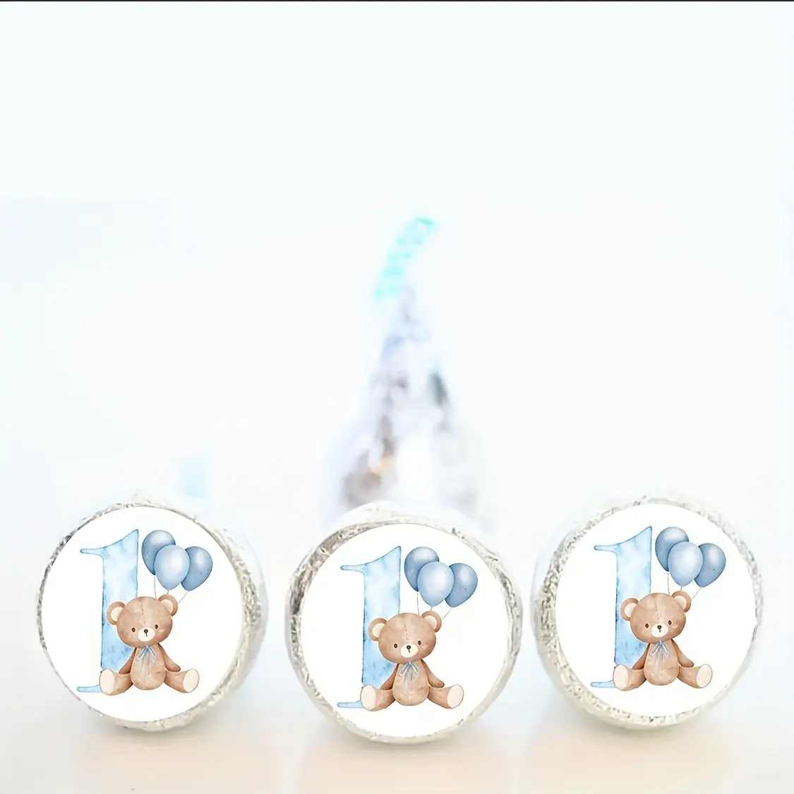 200 Teddy Bear and Blue Balloon Theme First Birthday Candy Stickers Set, Small Birthday Candy Labels, Party Gift Decorative Stickers
