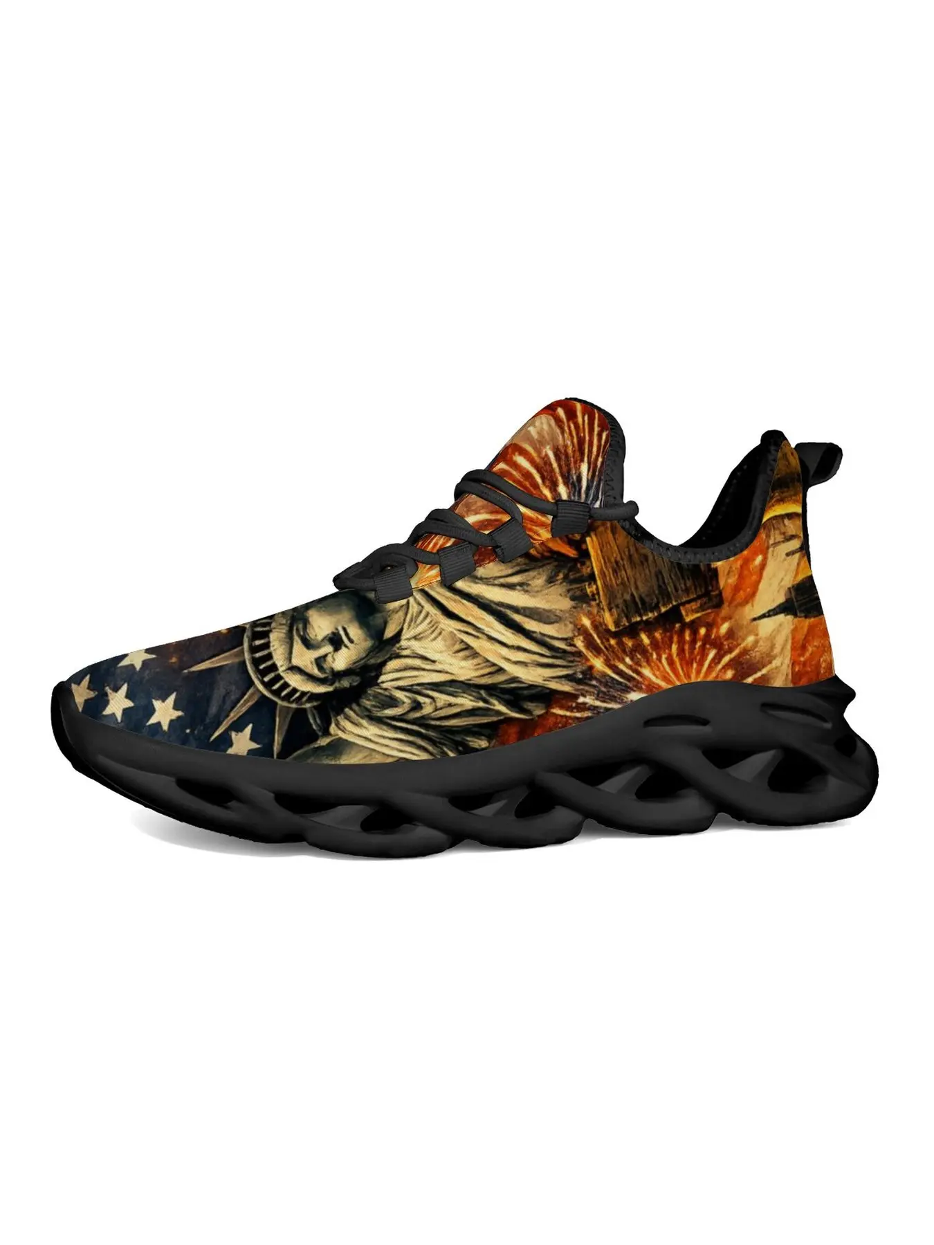 Men Women American Liberty Statue Fireworks Print Running Shoes, Breathable Non-Slip Athletic Sneakers with Cushioned Sole, Patriotic USA Stars and Stripes Casual Walking Shoes for Fans