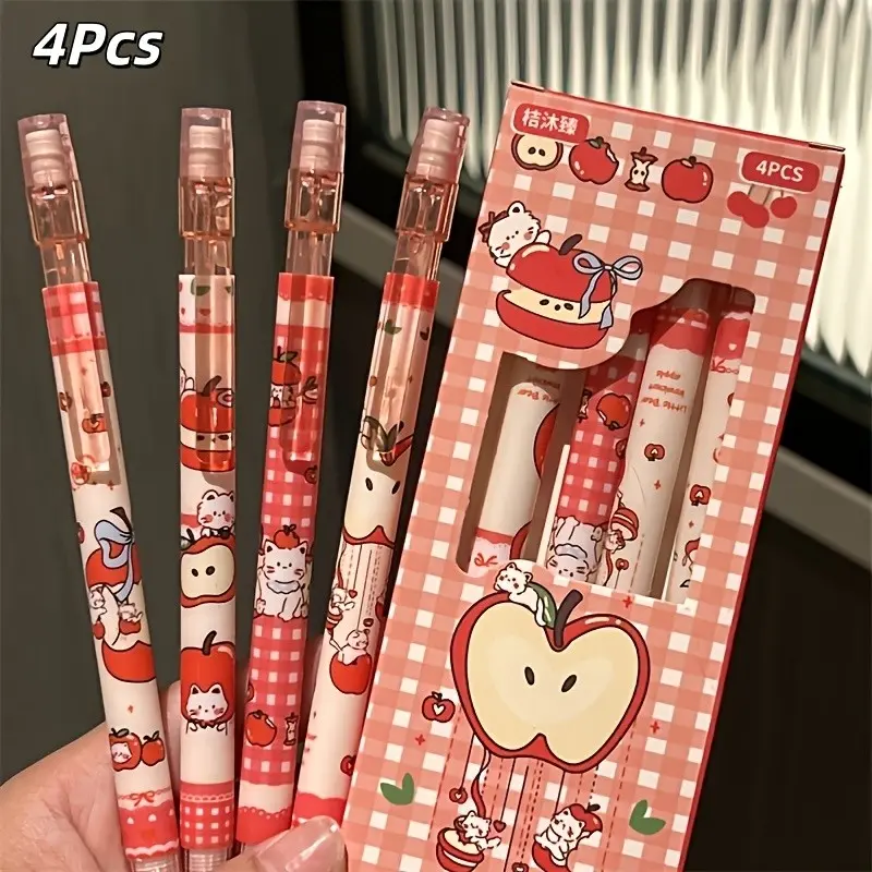 4/8/16pcs Apple Cat Automatic Pencil, Plaid Cartoon Design, 0.5mm Erasable, Smooth Writing, Office Supplies, Party Gifts, Animal Design Pens