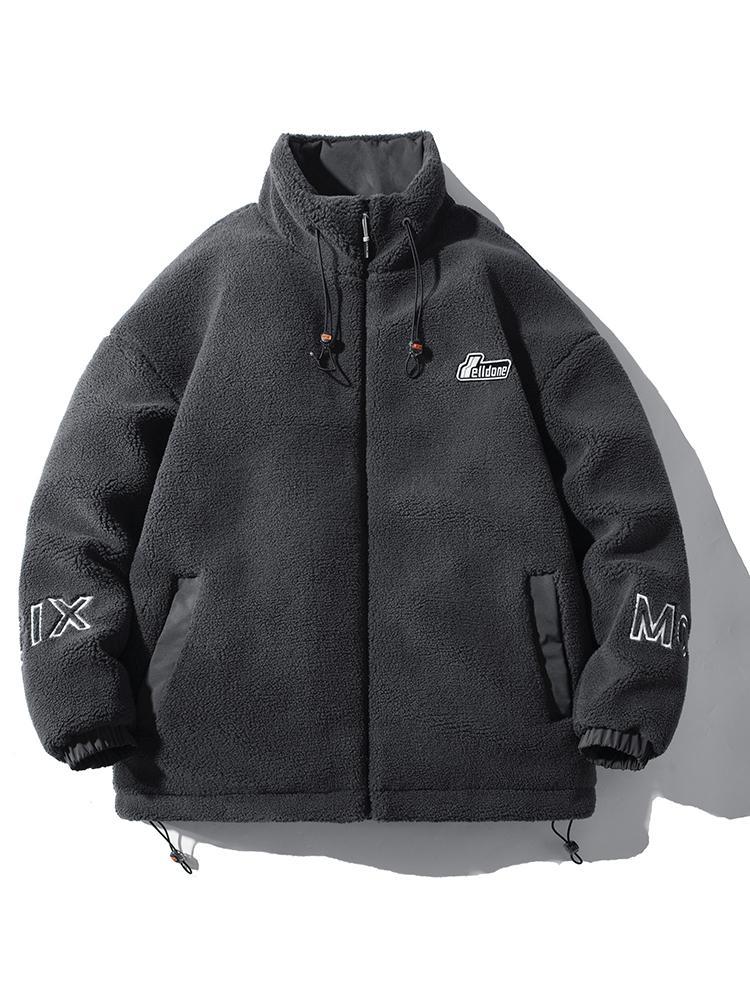 Men's stand collar lambskin embroidered warm cotton clothing Large loose casual fleece thick coat American street style letter embroidery fleece jacket