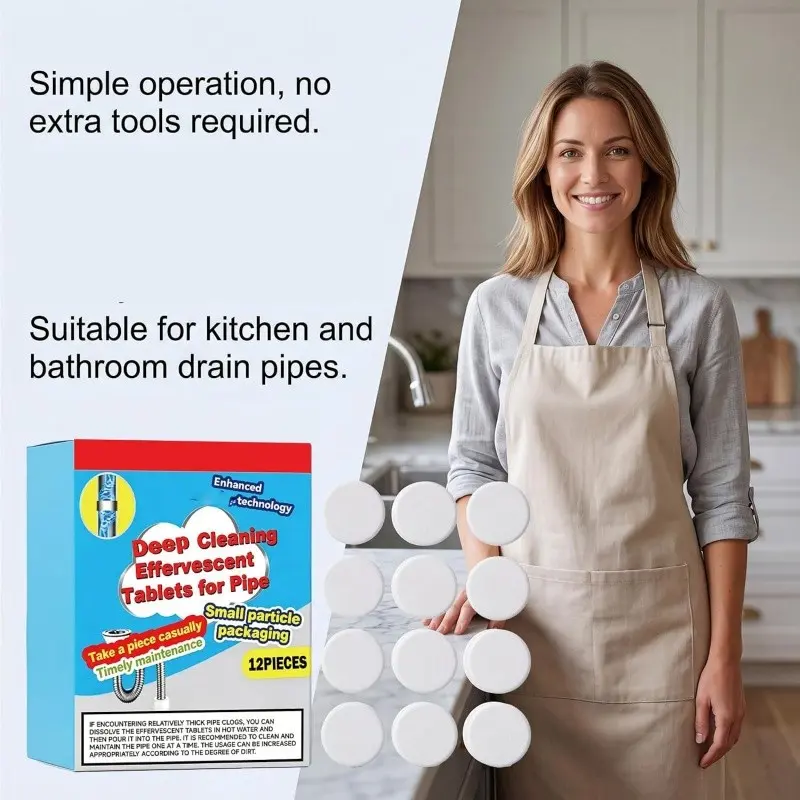 Powerful cleaning effervescent tablets, suitable for cleaning pipes and quickly dissolving grease blockages in hair, can be used in kitchen sinks, toilet traps, shower basins and laundry room drains. 1 box contains 12 tablets.