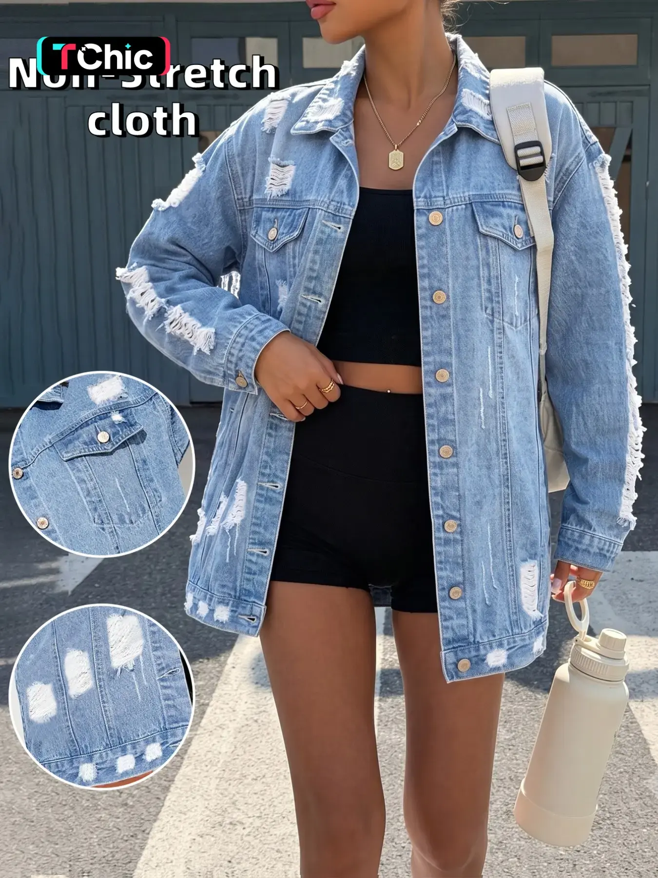 Women's Oversized Light Wash Denim Jacket, Distressed Ripped Trucker Coat, Vintage Y2K Streetwear, Casual Loose Outerwear for Ootd