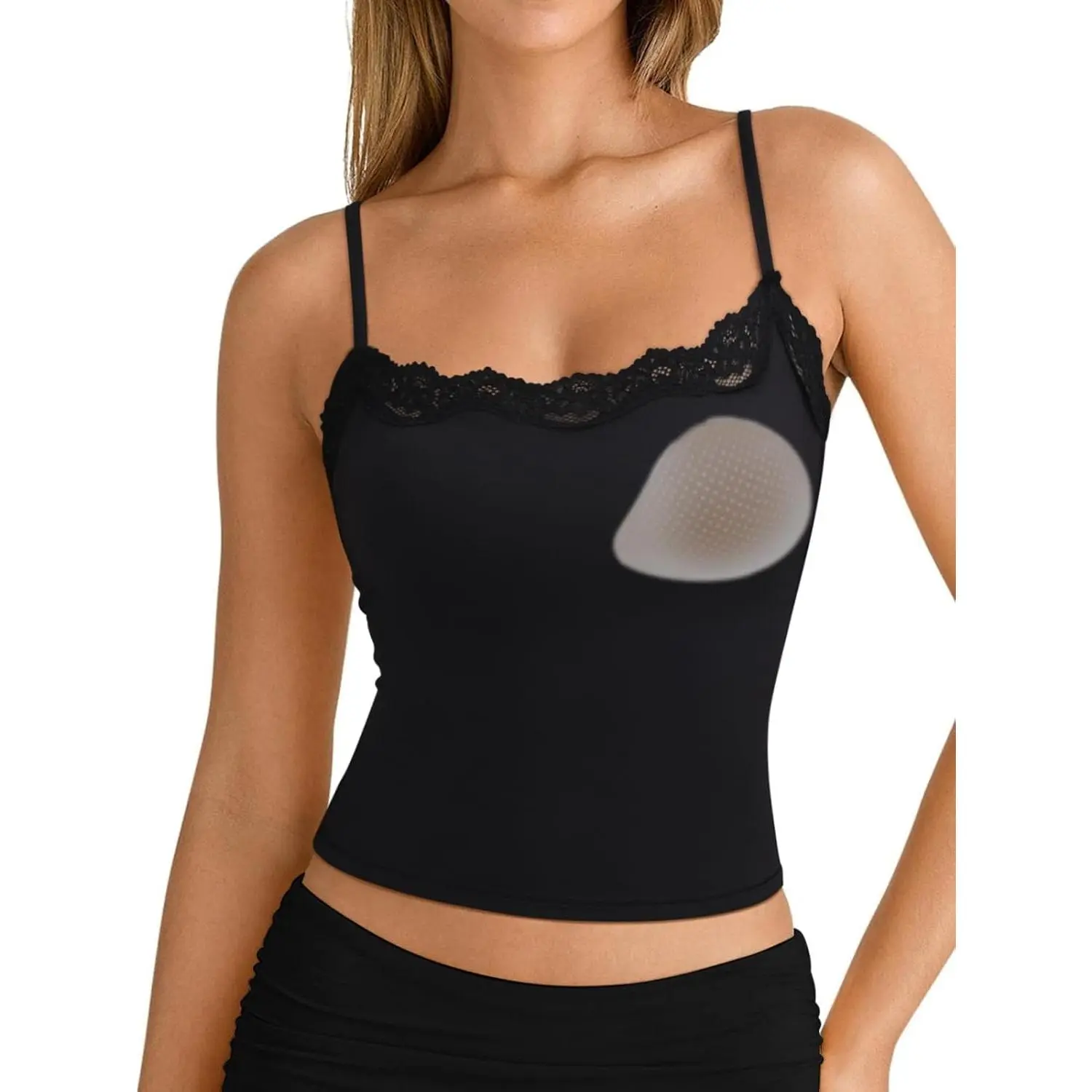 Women's Soft Lace Trim Cami Tank Top, Double Lined Sleeveless Camisole with Adjustable Spaghetti Straps, Padded Going Out Top, Fits, Slimming