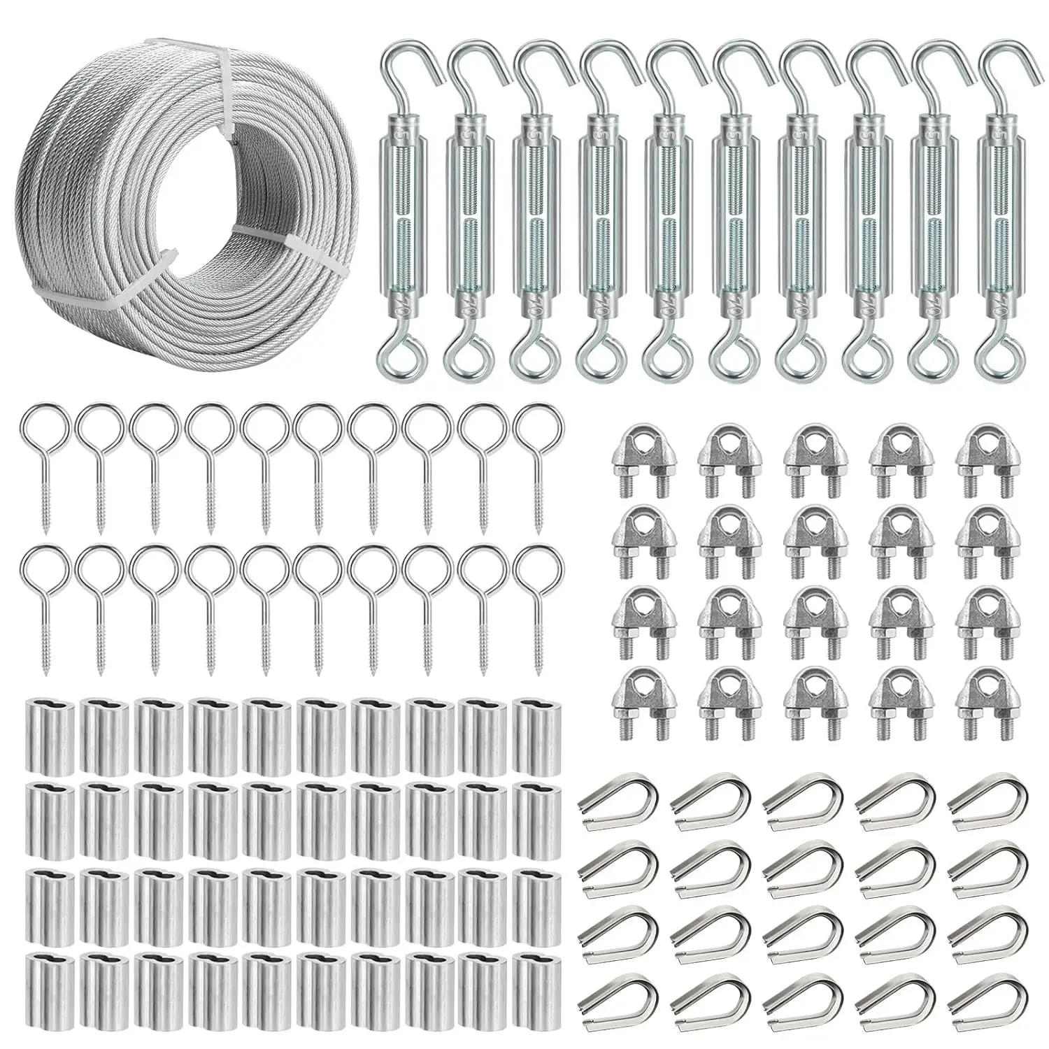 1/8 Wire Rope Kit, 200FT PVC Coated Steel Cable With Tensioner for Garden Plant Support, Clothesline, String Light, Stair Handrail, Ground Anchors