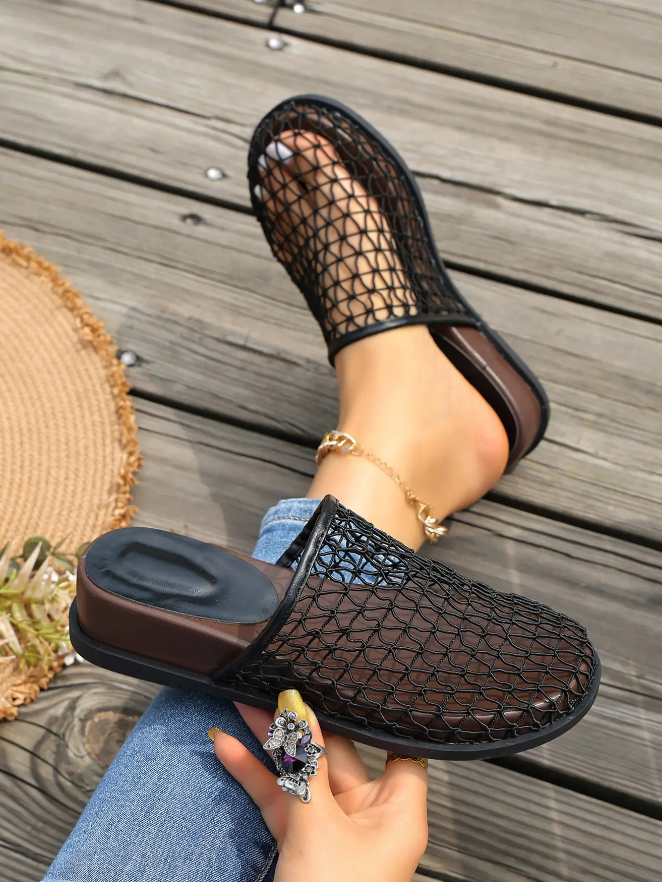 New Summer Women's Fishnet Thick Sole Sandals, Beach Vacation Style, Breathable Mesh Half Slip-On Shoes, Trendy Wedge Heels, Rubber Mules, Streetwear Mules
