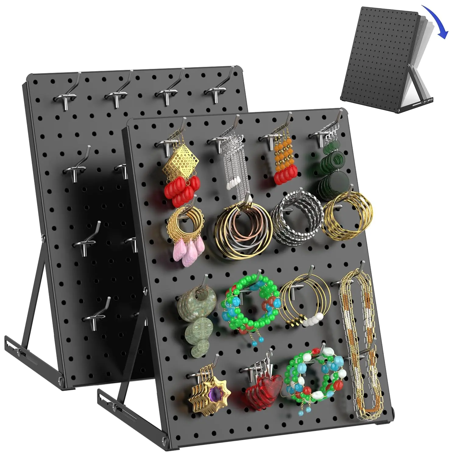 2 Pack Pegboard Display Stand, Sturdy Anti-tip Design,Small Peg Board Tabletop with 24 Hooks, Adjustable Metal Peg Board for Vendor Display, Craft Show,  Display 16''X12'' – Black