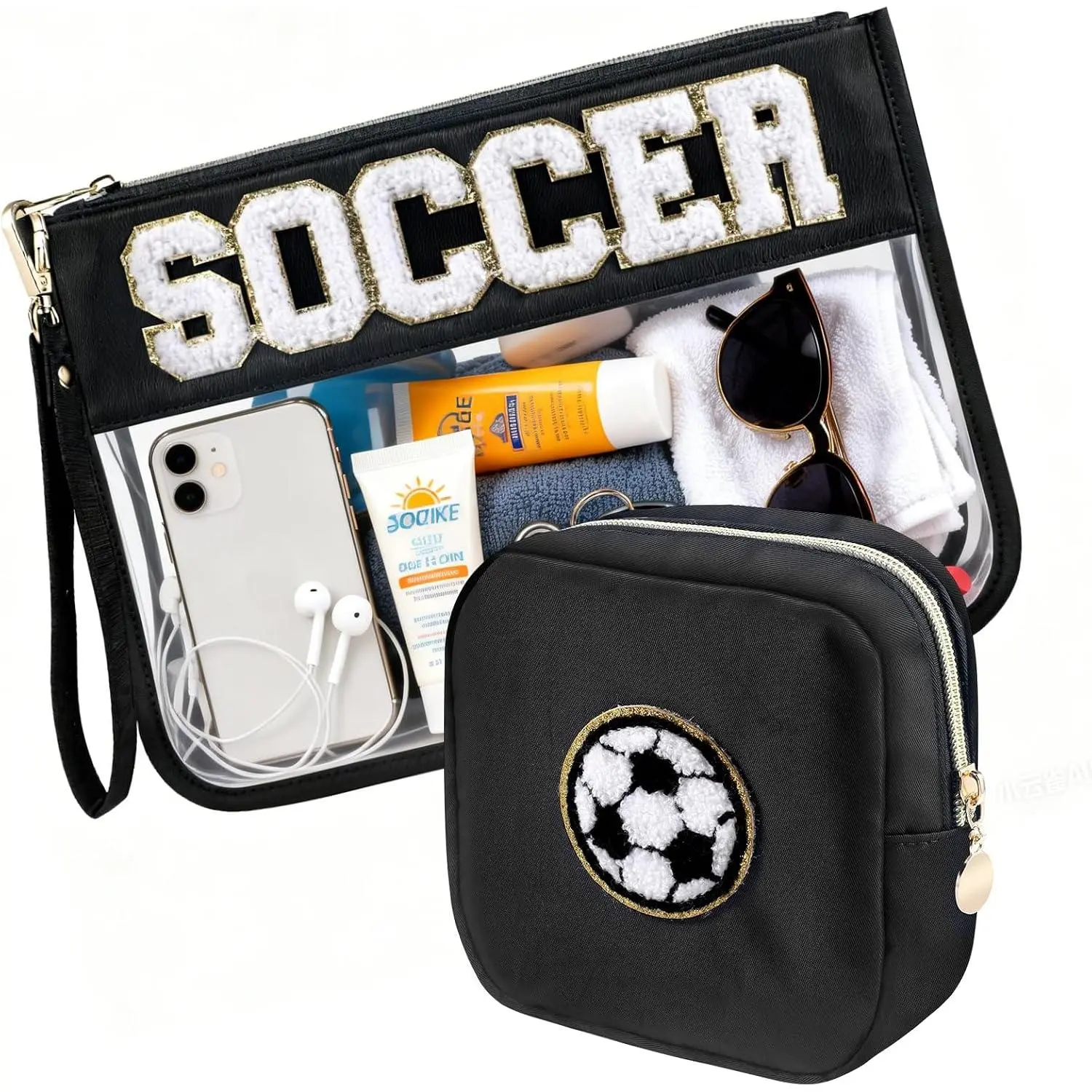 2- Soccer Gifts Makeup Snack Bag Chenille Letter Patch | Large Soccer Clear PVC Travel Zipper Pouch Accessories Stuff  Portable  Bag for Boys, Girls