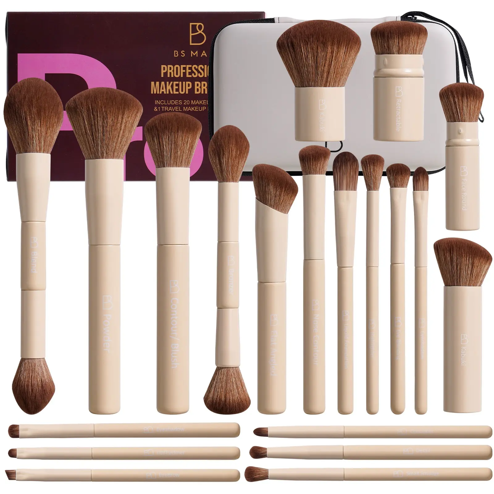 20pcs Professional Makeup Brush Set with Storage Bag, Dark Beige Multi-Functional Face & Eye Brushes Kit, Foundation, Powder, Blush, Concealer & Eyeshadow Brushes for Beginners, Makeup Artists & Daily Beauty, Synthetic Makeup Brushes