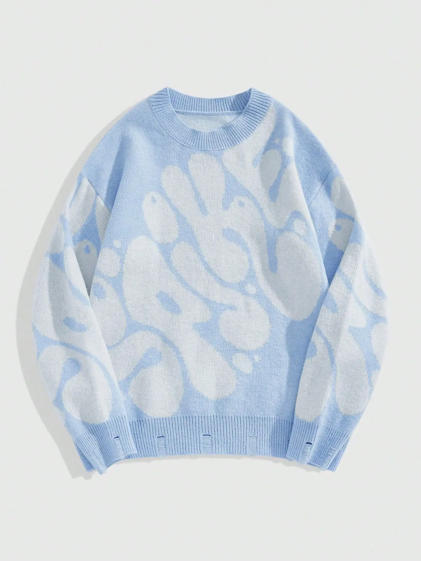 Fresh Light Blue Gradient Water Wave Graffiti Letter Vintage Ripped Sweater, Couple Loose Fit Knit Top, All Seasons Casual Wear