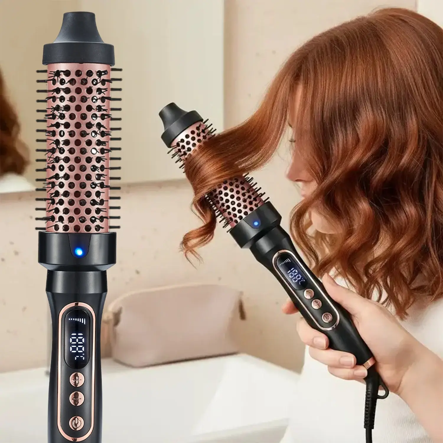 Hot Brush, Hair Curler Brush, Heated Curler Brush, 1.5-Inch Negative Ion Round Comb, US Plug, 6 Temperature Settings, Natural Curls, Dual Voltage Ionic Curling Iron #GLOBAL PICKS