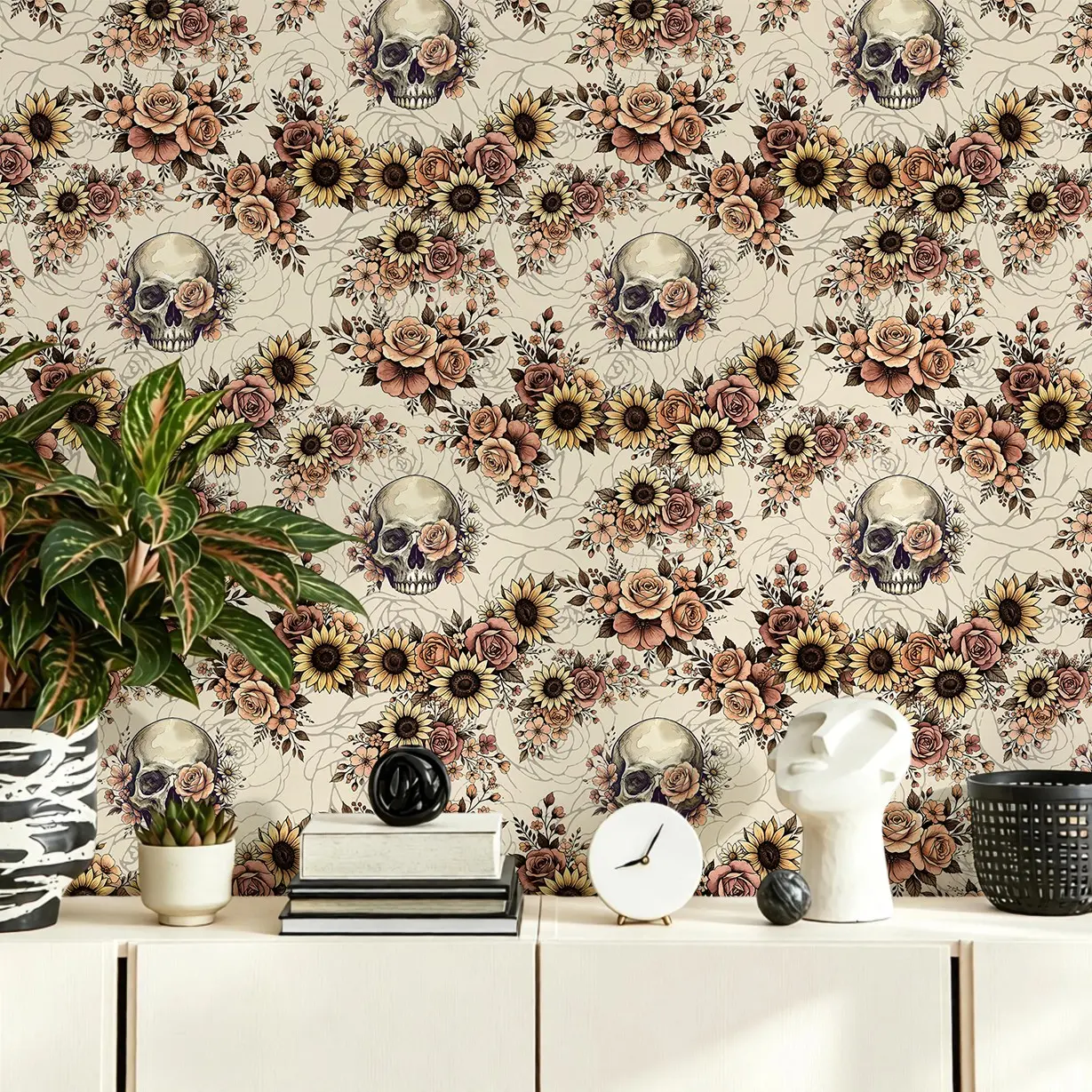 Vintage Skull Sunflower Rose Self-Adhesive Wallpaper, Removable Wall Decal, Gothic Halloween Theme, Home Renovation, Interior Walls, Living Room, Bedroom, TV Background, DIY Wallpapers