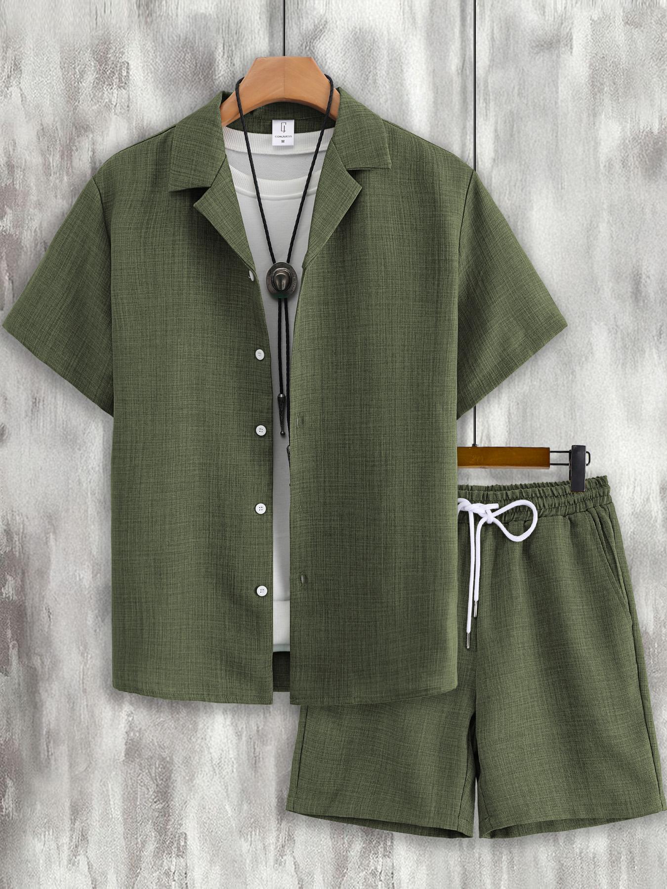 Men's Button Front Shirt & Drawstring Waist Shorts Loungewear, Casual Comfy Short Sleeve Top & Shorts Set, Men's Loungewear for Summer, Menswear, Relaxed Fit Loungewear, Shorts Pajama