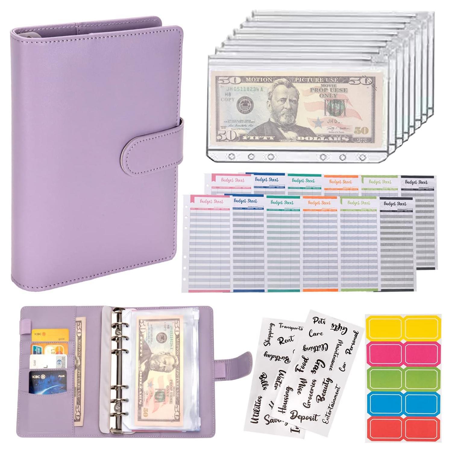 A6 Budget Binder Set, 1 Count Budget Planner with 2 Counts Personality Stickers & 12pcs Budget Sheets & 8 Counts Binder Pockets & 10pcs Multi-colored Labels, Stationery Supplies for Home School Office Dormitory