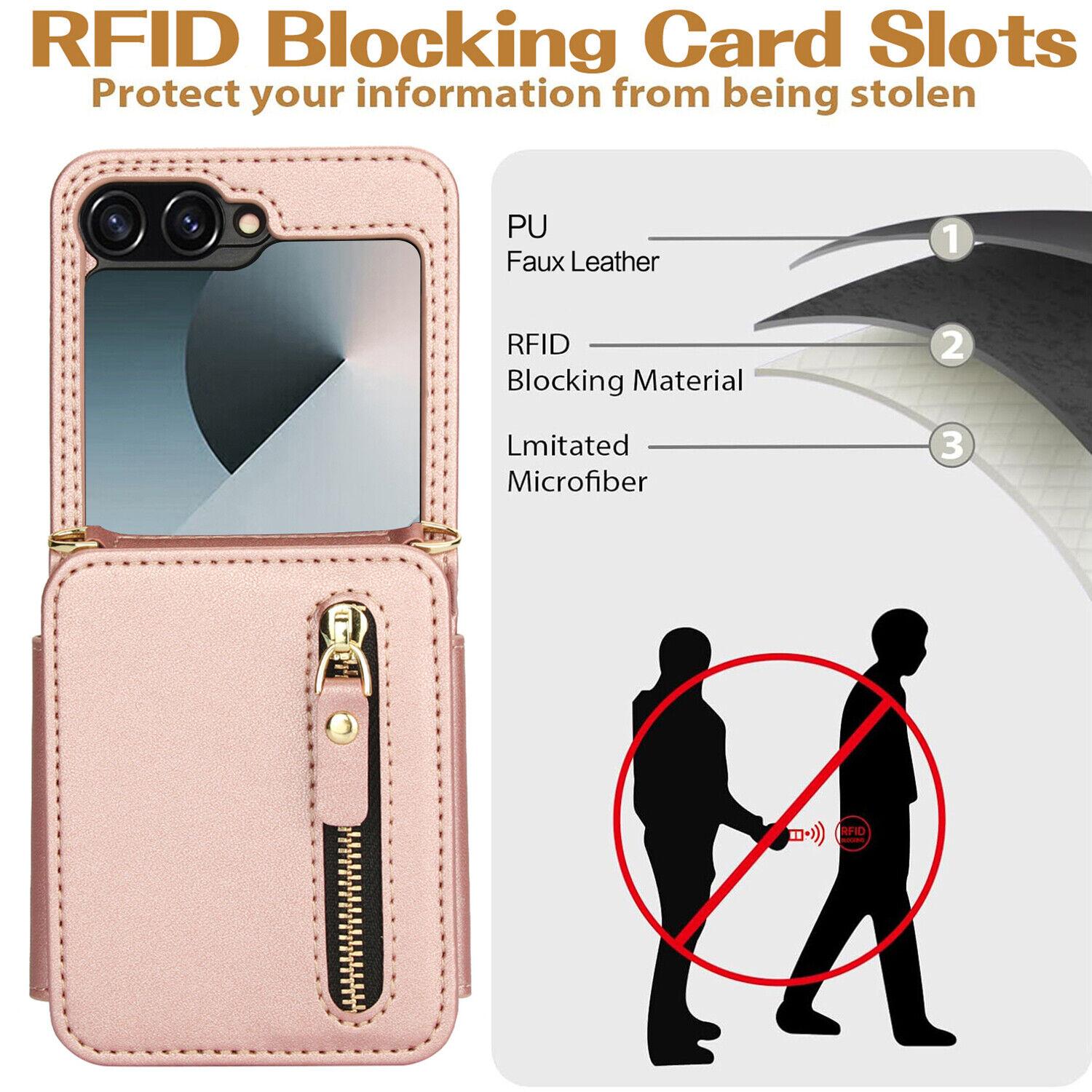 [FREE!SHIP] for Samsung Galaxy Z Flip 6/5/4/3 5G Wallet Case with Built-in PU Leather Cash Slot Zipper Purse with Credit Card Slot Holder Carrying Handbag Stand Phone Case Hinge Protection Adjustable Lanyard for Women Ladies