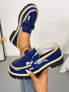Vintage British Style Colorblock Oxfords, Bow Thick Sole Leather Shoes, Casual Commute Women's Footwear, Elegant and Comfortable