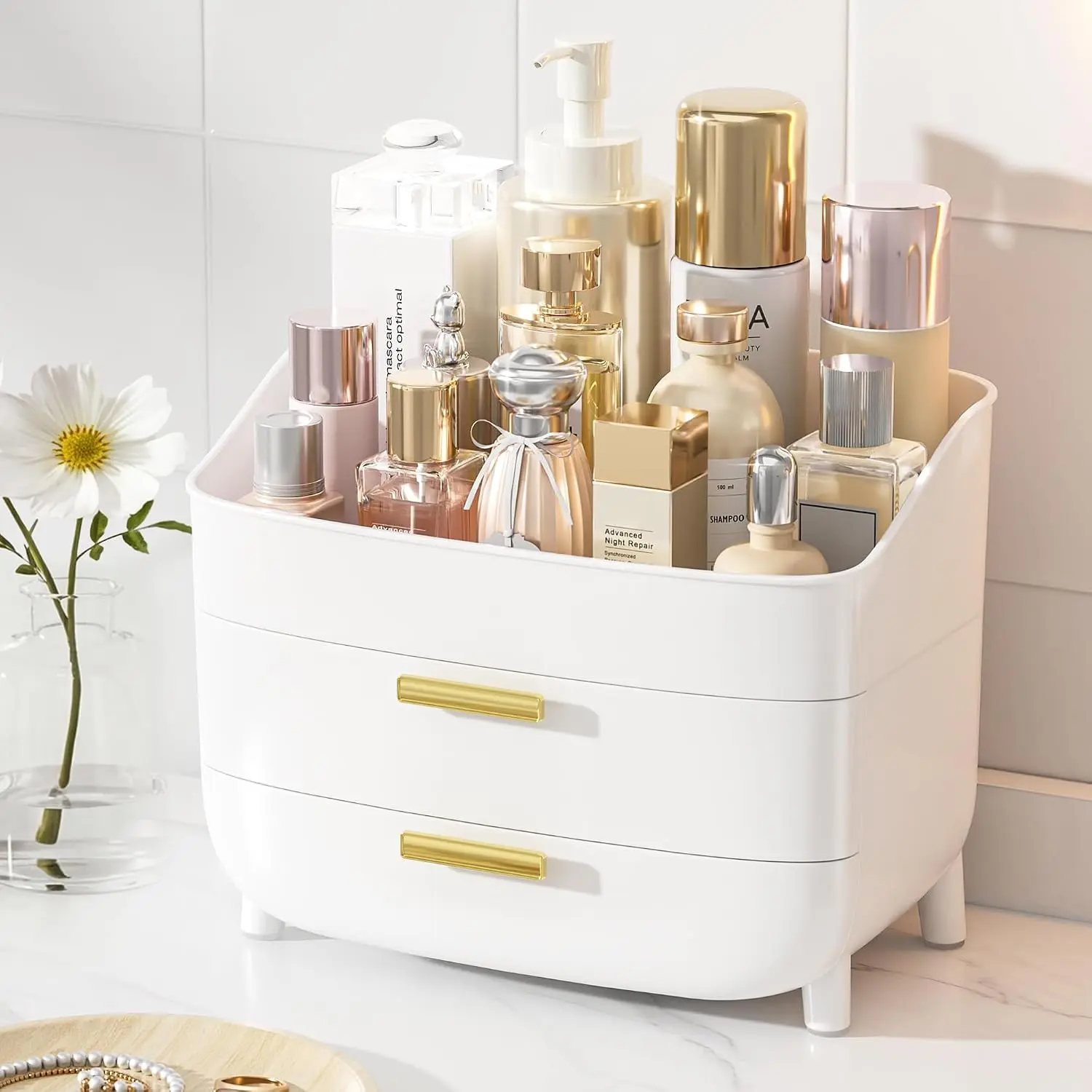3-Tier Skincare and Makeup Organizer with Drawers, White, Large Cosmetic Storage Box for Vanity, Dresser, and Bathroom Countertop, Non-Slip Base