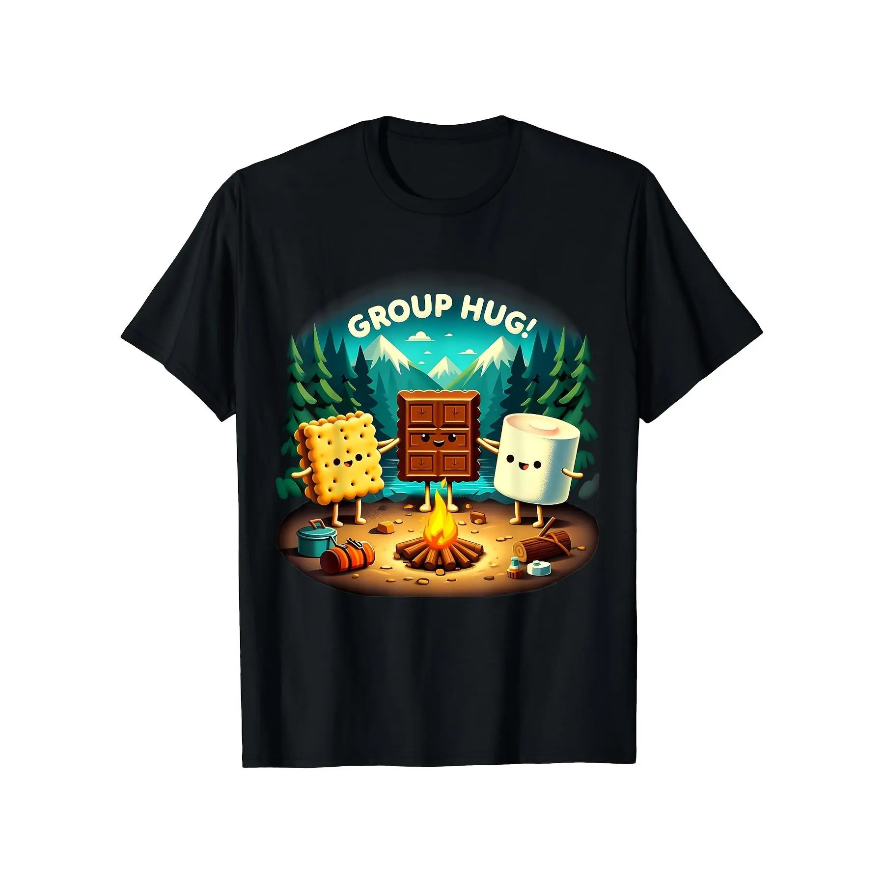 Unisex Graphic T-Shirt with Vintage Marshmallow Camping Print, Heavyweight 100% Cotton Regular Fit Short Sleeve Top with Slight Stretch, Shortsleeve, Fabric, Tops, Machine Wash, All Over Print, All Seasons, Casual
