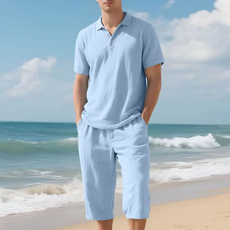 Men's Linen Blend 2-Piece Set, Loose Fit Short Sleeve Polo Shirt & Capri Pants, Breathable Summer Casual Outfit for Beach Vacation, Machine Washable, Button, Basics
