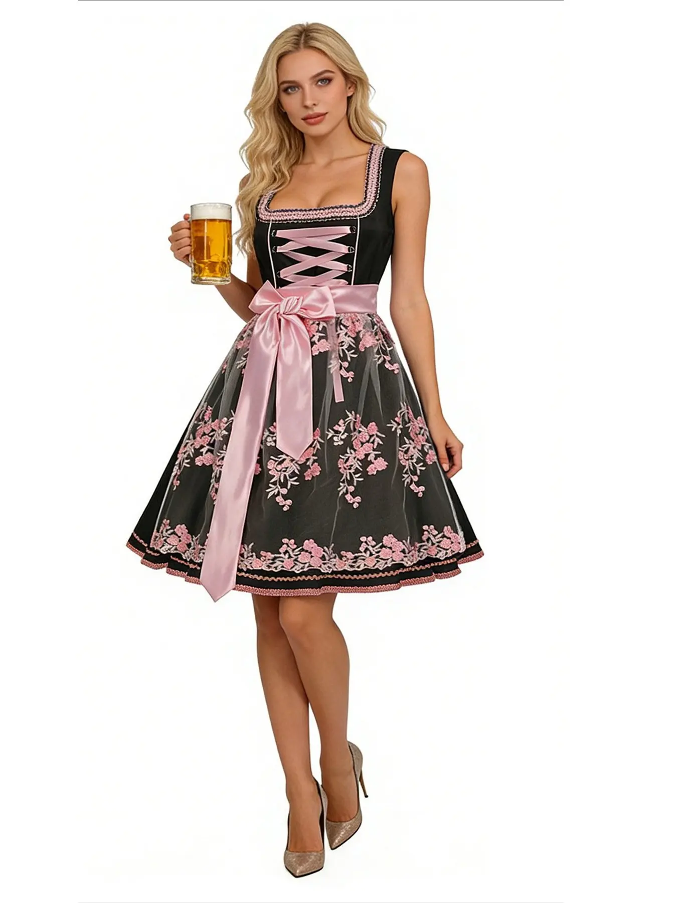 German Beer Festival Bavarian Costume, Ethnic Dress with Floral Embroidery, Slim-Fitting Suit for All Seasons, Women's Performance Wear