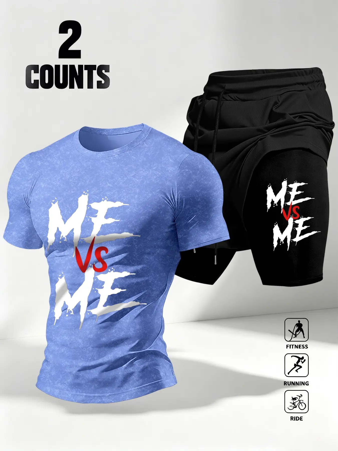 Men's 2-Piece Set Me Vs Me, Tear Letter Print Quick-Dry Short Sleeve T-Shirt & Dual-Layer Gym Shorts, Elastic Breathable Workout